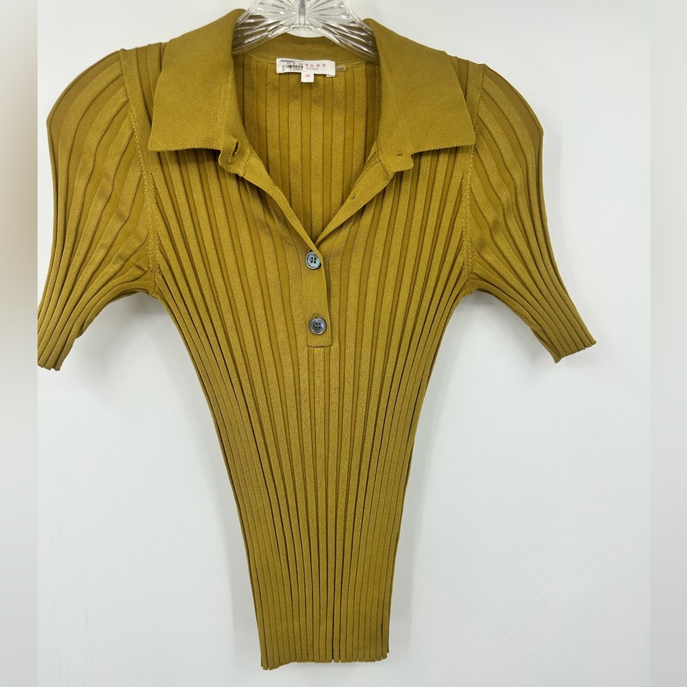 Demlyee Short Sleeve Shirt Collar Ribbed Top Buttons Womens XS | AD568